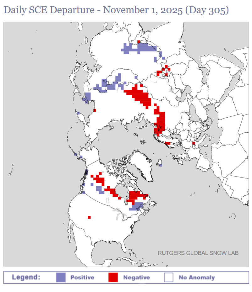 Een rode kleur geeft de gebieden met een tekort aan sneeuw aan. Blauw markeert de plekken waar er meer sneeuw ligt dan anders - Rutgers' Global Snow Lab