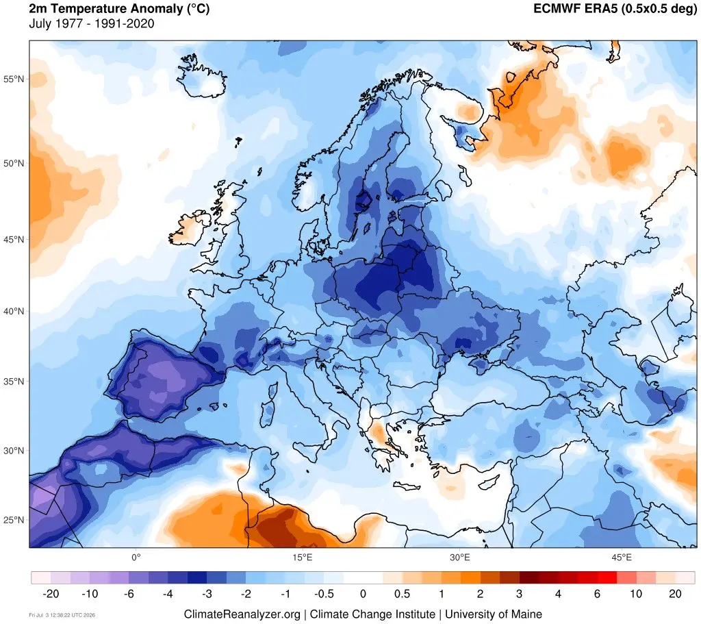De afwijkingen van de gemiddelde temperatuur ten opzichte van normaal in juli 1977 - Climate Reanalyzer