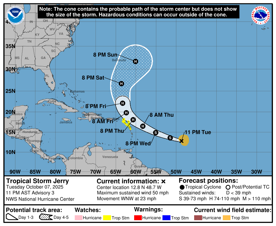 Het pad van tropische storm Jerry, de komende dagen - National Hurricane Center