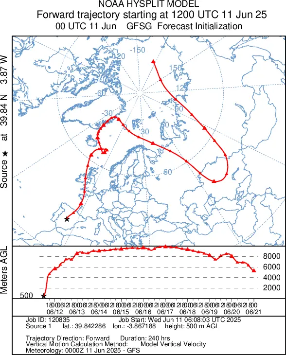De route die de Spaanse hitte de komende 10 dagen aflegt. Nu moet je de onderste grafiek van links naar rechts lezen - NOAA