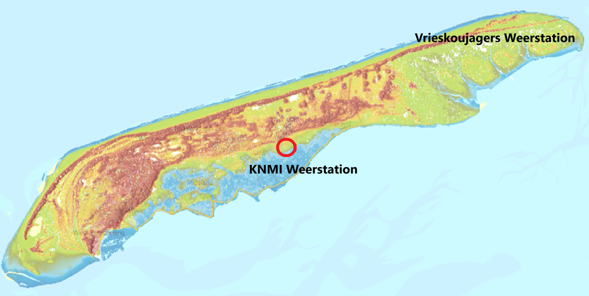 De locaties van de weerstations op Terschelling - Karel Holvoet / AHN