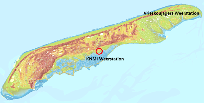 De locaties van de weerstations op Terschelling - Karel Holvoet / AHN