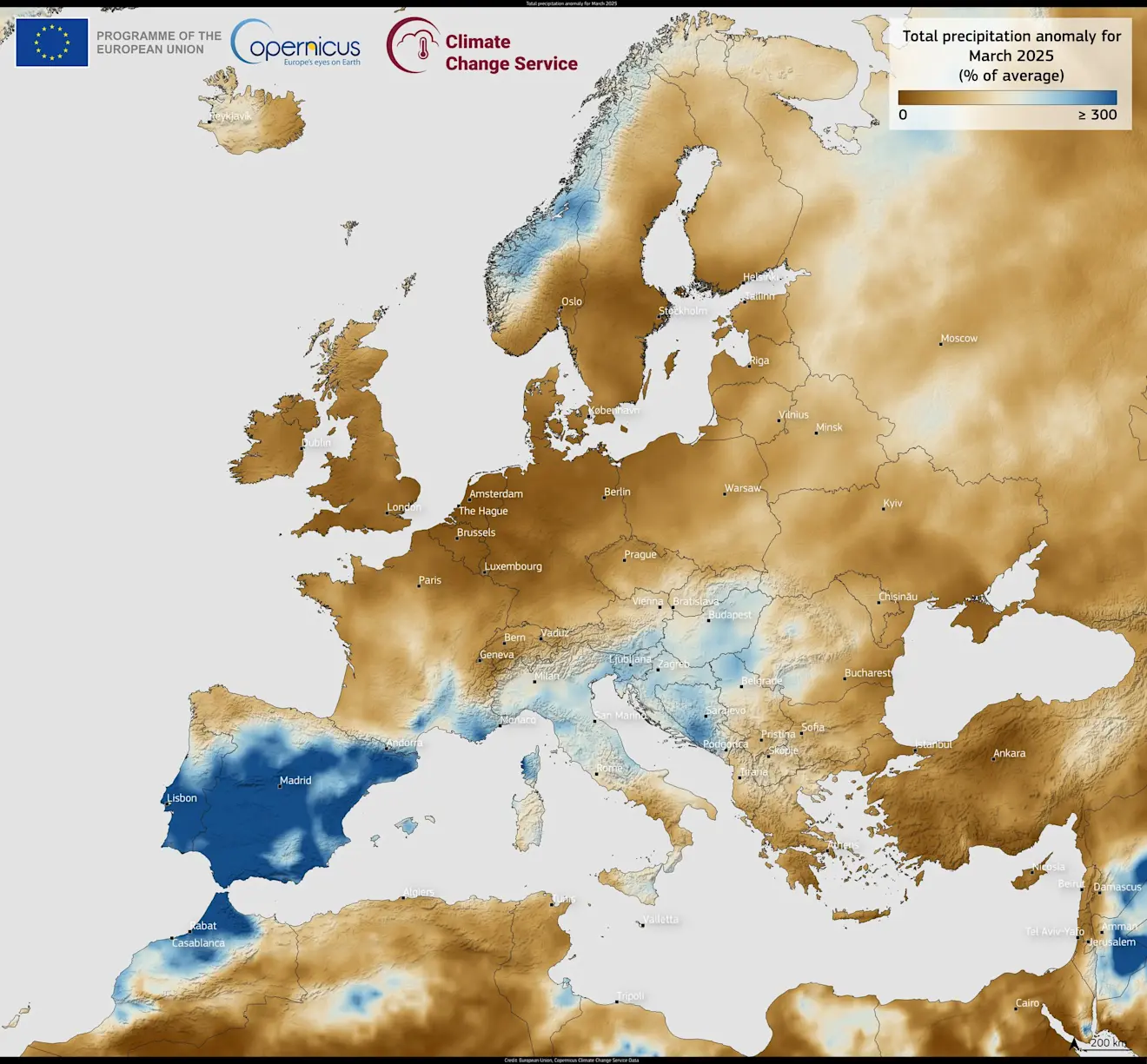De afwijking va de neerslaghoeveelheden in maart. De kaart slaat bruin uit van de droogte - Copernicus