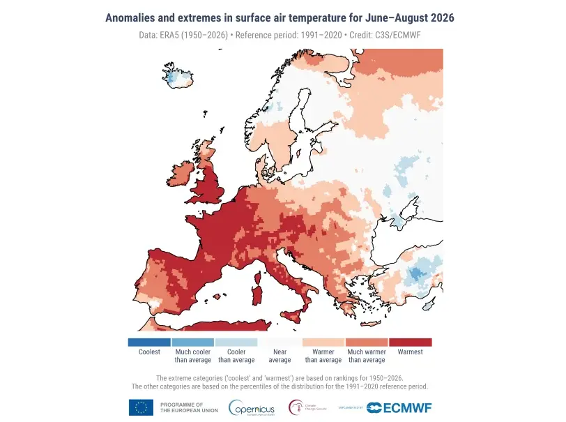 De afwijkingen van de zomertemperatuur in Europa - Copernicus