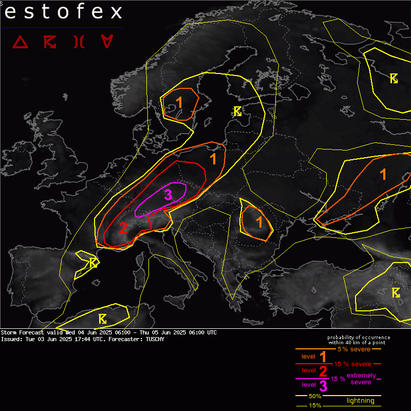 De verwachting van Estofex voor later vandaag. Voor het zuiden van Duitsland is waarschuwingsniveau 3 uitgegeven, het hoogste niveau - Estofex.org