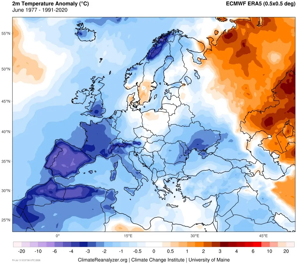 De afwijkingen van de gemiddelde temperatuur ten opzichte van normaal in juni 1977 - Climate Reanalyzer