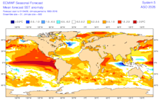De verwachte afwijkingen van de zeewatertemperaturen voor komende augustus. De El Niño is langs de evenaar op de Grote Oceaan al duidelijk te zien. Het hoogtepunt wordt pas rond oktober verwacht - ECMWF