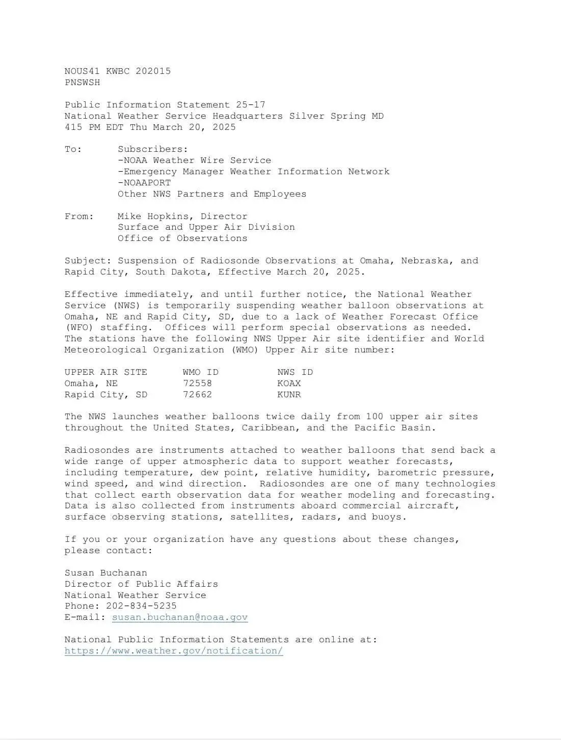 Het bericht van de NWS - National Weather Service