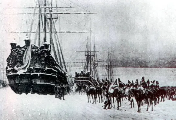 Overgave van de Nederlandse vloot aan Franse huzaren, in januari 1795 bij Den Helder- Franse pentekening