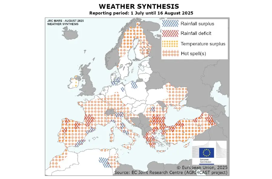 Deze kaart geeft een aardige samenvatting van een groot deel van het zomerweer in Europa. De hitte-uitbarstingen in rondjes, ook te zien in Zweden en Finland - MARS