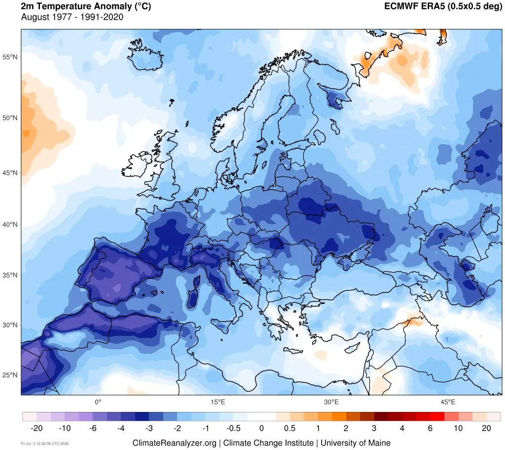 De afwijkingen van de gemiddelde temperatuur ten opzichte van normaal in augustus 1977 - Climate Reanalyzer