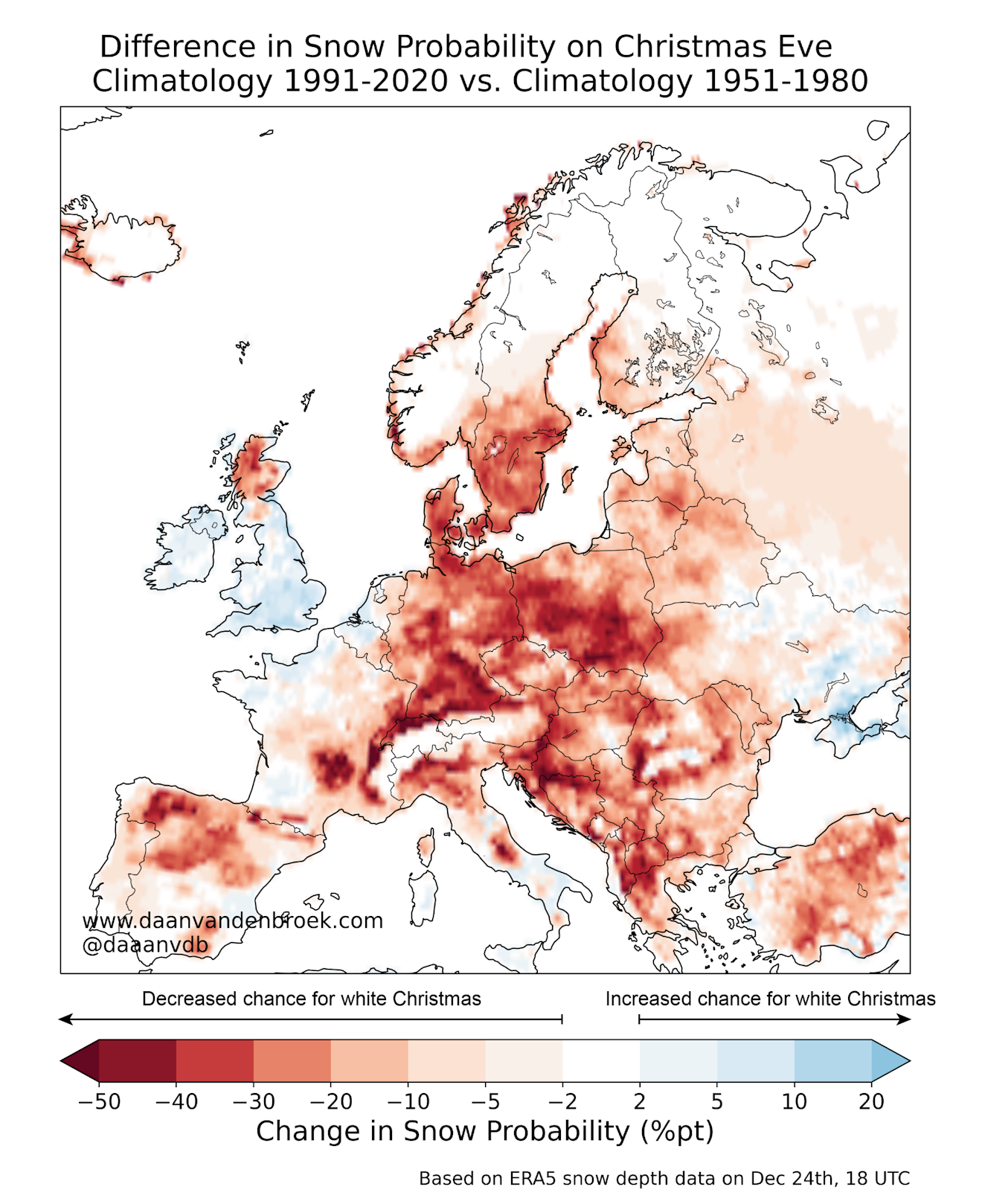 De verandering van de kans op een Witte Kerst in 40 jaar tijd. We zien vooral rode kleuren. Opvallend zijn de kleine toenames in de kans op de Britse eilanden en in het zuidwesten van Nederland en delen van België en Frankrijk. Die veranderingen worden door de Witte Kersten in 2009 en 2010 veroorzaakt - Daan van den Broek