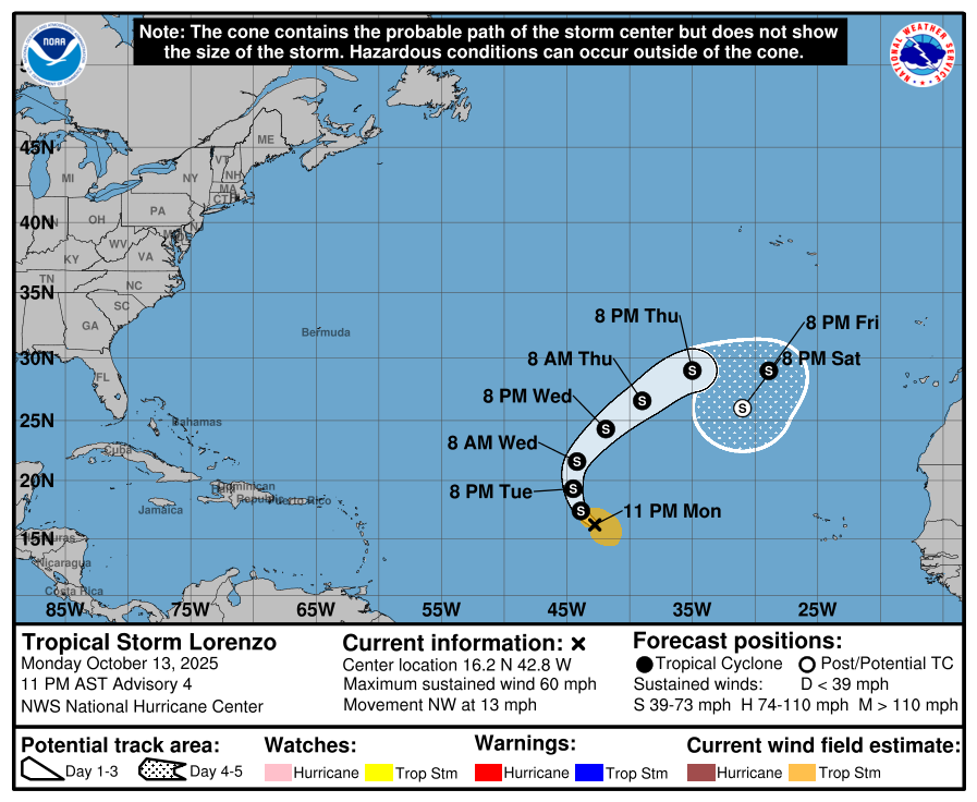 De verwachte koers van tropische storm Lorenzo - National Hurricane Center