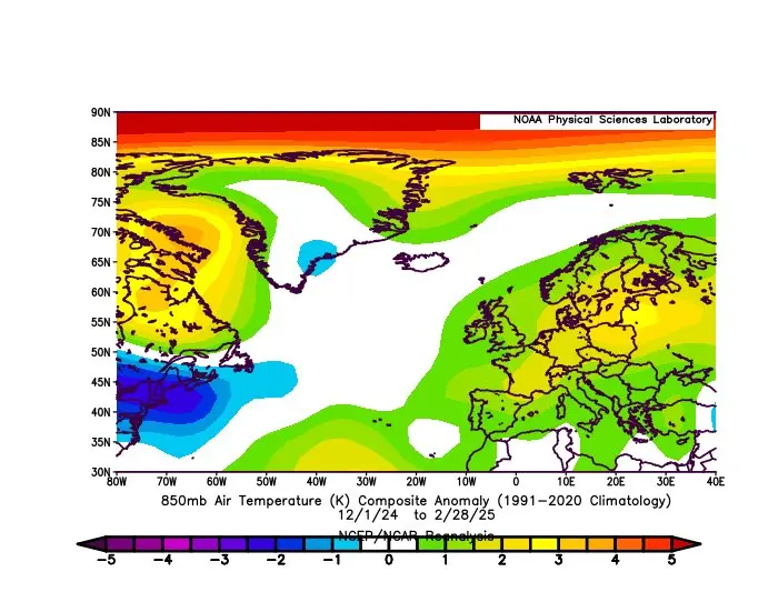De gemiddelde afwijkingen van de temperatuur op een hoogte van 1500 meter, gedurende de afgelopen wintermaanden - NOAA Physical Sciences Laboratory