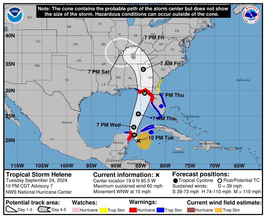 Het verwachte pad van Helene - National Hurricane Center