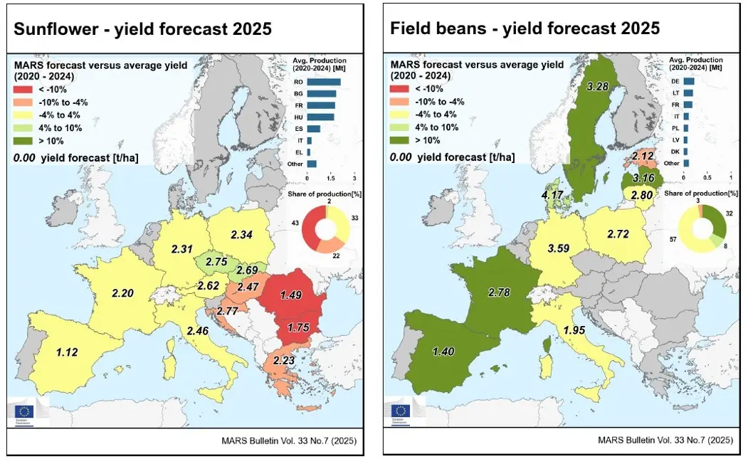 Er staan heel veel tabellen en kaarten in een MARS-bulletin. Links de oogstverwachting voor zonnebloemen, die in Zuidoost-Europa onder normaal is. Rechts de veldbonen verwachting. Een zeer positieve oogst voor Spanje, Frankrijk, Zweden en Letland - MARS
