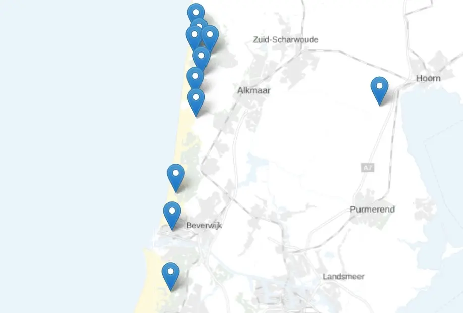 De negen duinstations in Noord-Holland (links) - Weerverteller.nl