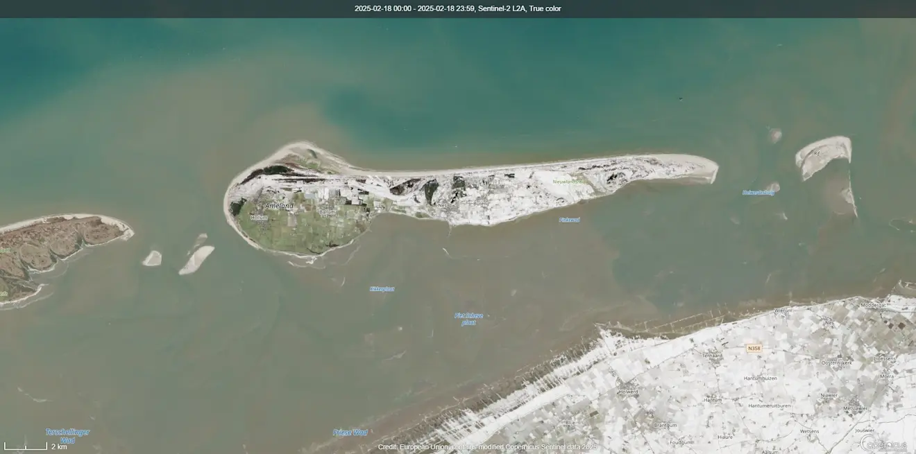 Ameland in de sneeuw - Copernicus Sentinel-2