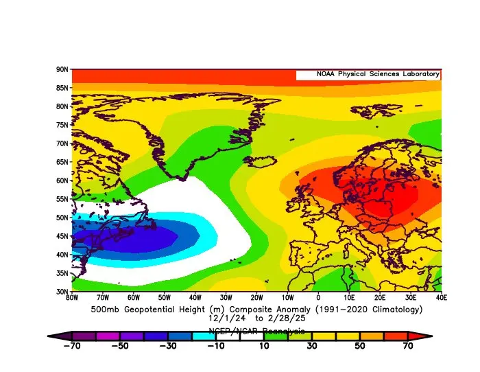 De gemiddelde drukverdeling op een hoogte van 5 kilometer, gedurende de afgelopen wintermaanden - NOAA Physical Sciences Laboratory