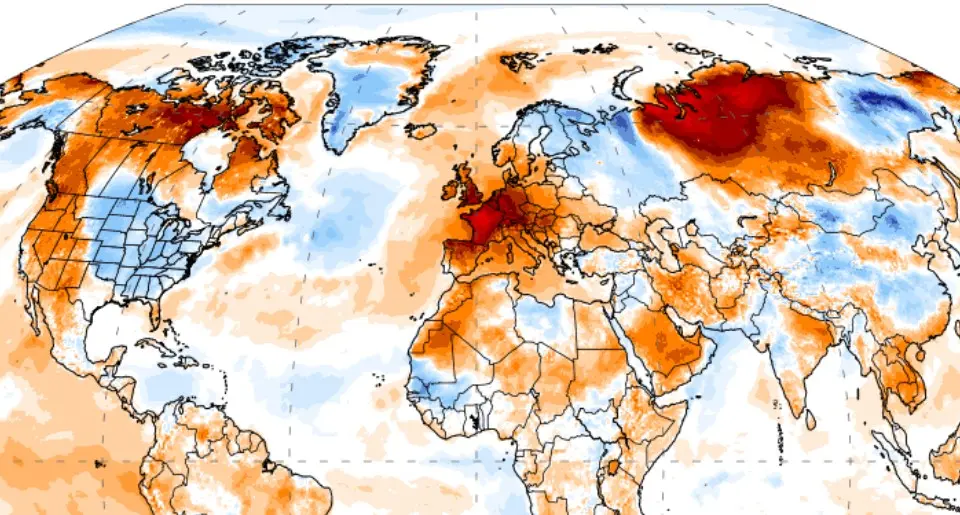 De hitte van nu in Europa, maar ook in Canada en in Siberië - Climate Reanalyzer