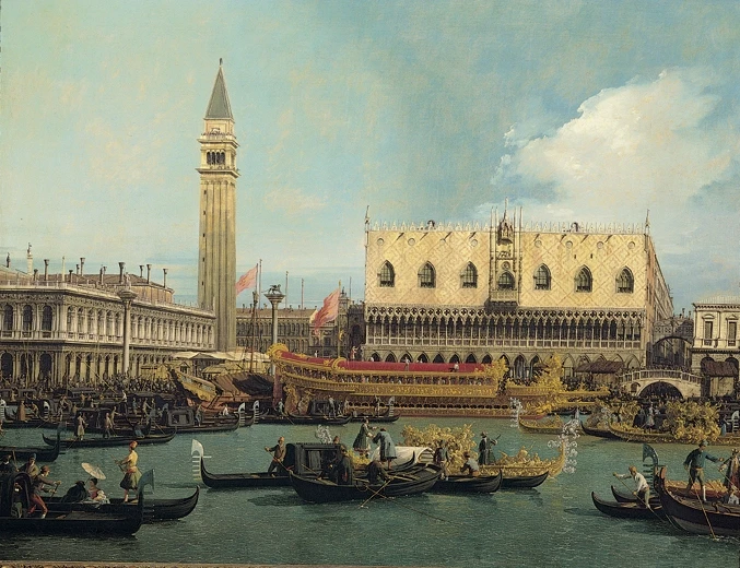 Het Doge paleis in Venetië, omstreeks 1740. In de winter van dat jaar vroor de lagune er dicht - Antonio Canal