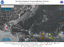De drie systemen, zoals die nu in de gaten worden gehouden. Six is het verst in haar ontwikkeling en is inmiddels tot tropische storm Francine uitgegroeid - National Hurricane Center