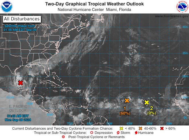 De drie systemen, zoals die nu in de gaten worden gehouden. Six is het verst in haar ontwikkeling en is inmiddels tot tropische storm Francine uitgegroeid - National Hurricane Center