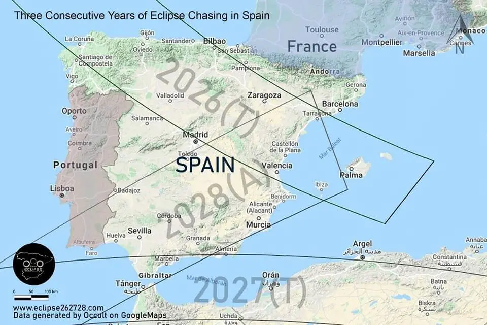 De drie zonsverduisteringen van de komende jaren bo0ven Spanje - eclipse262728.es