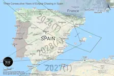 De drie zonsverduisteringen van de komende jaren bo0ven Spanje - eclipse262728.es