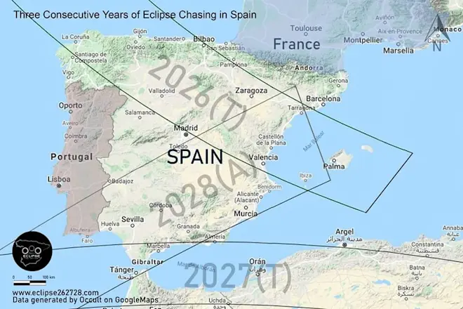De drie zonsverduisteringen van de komende jaren bo0ven Spanje - eclipse262728.es