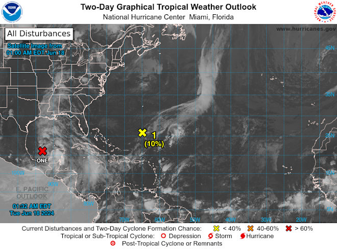 De zich ontwikkelende storm bij het rode kruisje - National Hurricane Center.