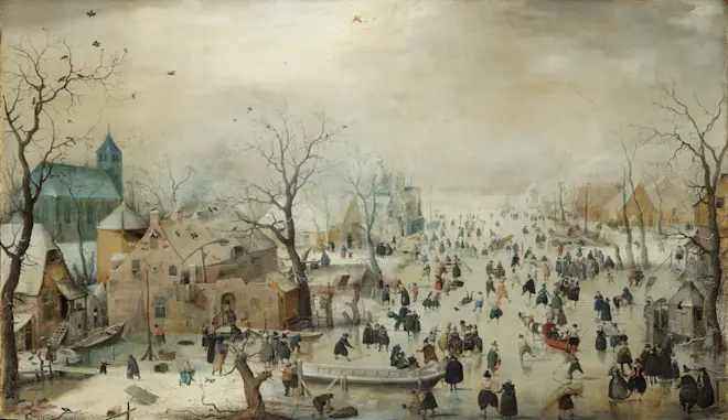 Winterlandschap met ijsvermaak (tijdens de Kleine IJstijd) - Hendrik Avercamp (in Rijksmuseum).
