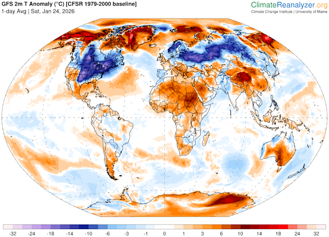 De band met kou, zoals die om het poolgebied heen ligt - Climate Reanalyzer