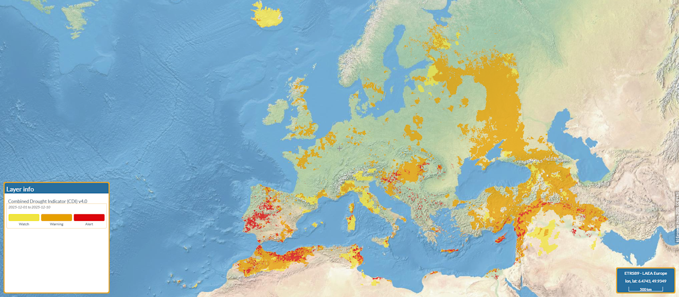 De decemberkaart van de droogte in Europa - European Drought Observatory