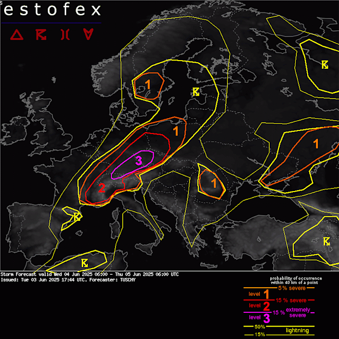 De verwachting van Estofex voor later vandaag. Voor het zuiden van Duitsland is waarschuwingsniveau 3 uitgegeven, het hoogste niveau - Estofex.org