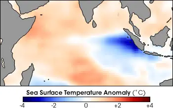 Een voorbeeld van een positieve IOD, met warm zeewater aan de oostkust van Afrika en relatief koel zeewater in de buurt van Indonesië - NASA