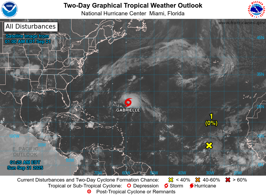 Tropische storm Gabrielle ligt op de oceaan - National Hurri9cane Center