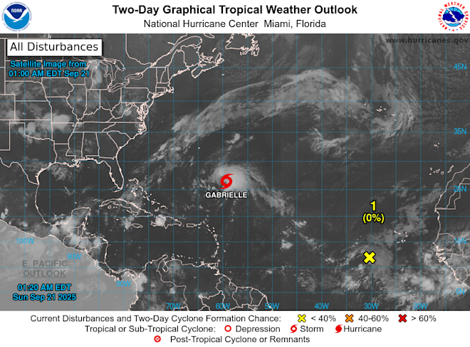 Tropische storm Gabrielle ligt op de oceaan - National Hurri9cane Center