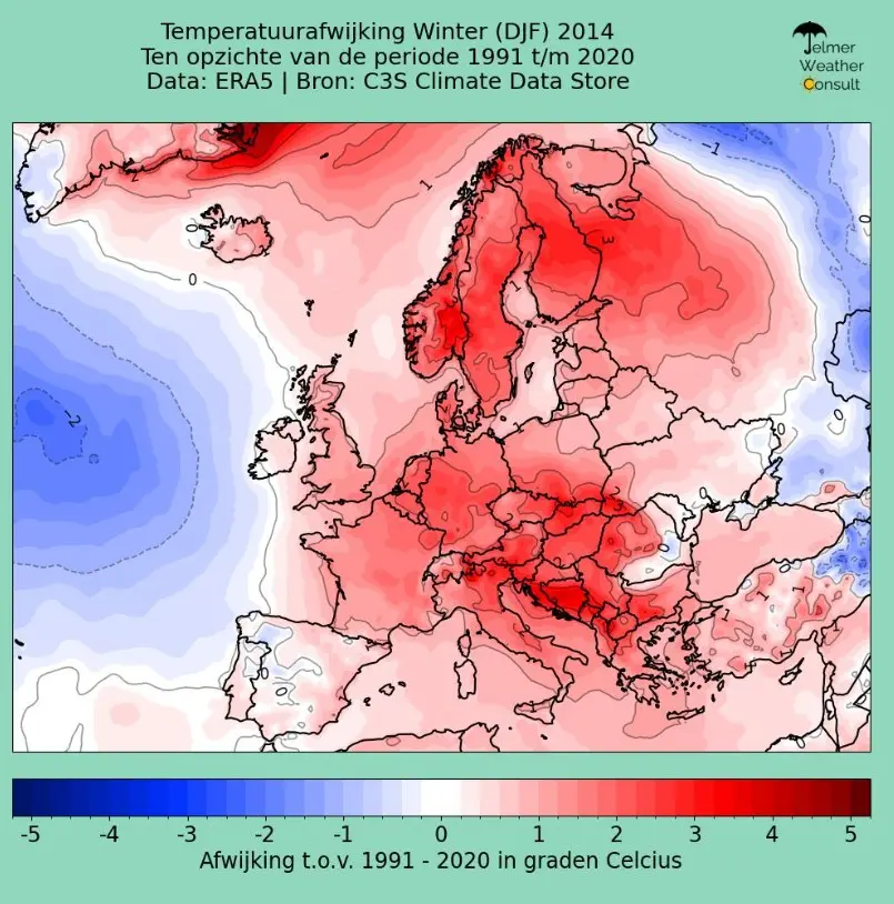 De afwijking van de gemiddelde temperatuur in de winter van 2014 - Jelmer Weather Consult