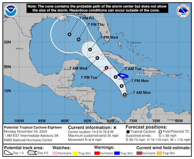 De verwachte koer van het potentiële nieuwe systeem - National Hurricane Center