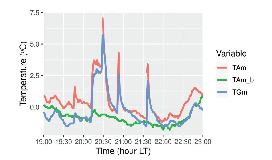 De meting van 4 december 2018. Ook hierin zijn enkele niet te verklaren spikes te zien - Meteorologica