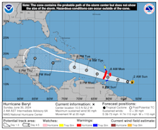 De route van Beryl - National Hurricane Center