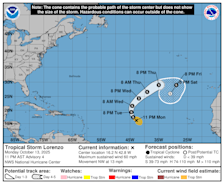 De verwachte koers van tropische storm Lorenzo - National Hurricane Center