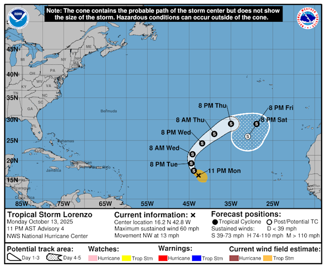 De verwachte koers van tropische storm Lorenzo - National Hurricane Center