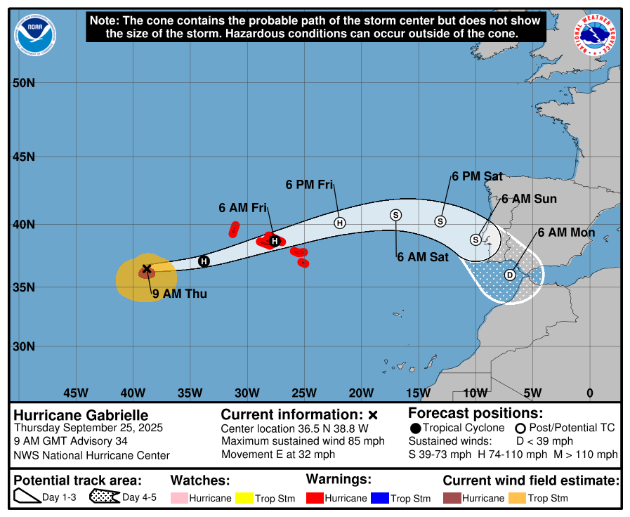 De koers van Gabrielle, over de Azoren naar Portugal - National Hurricane Center