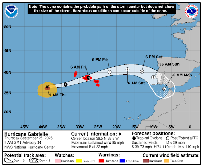 De koers van Gabrielle, over de Azoren naar Portugal - National Hurricane Center