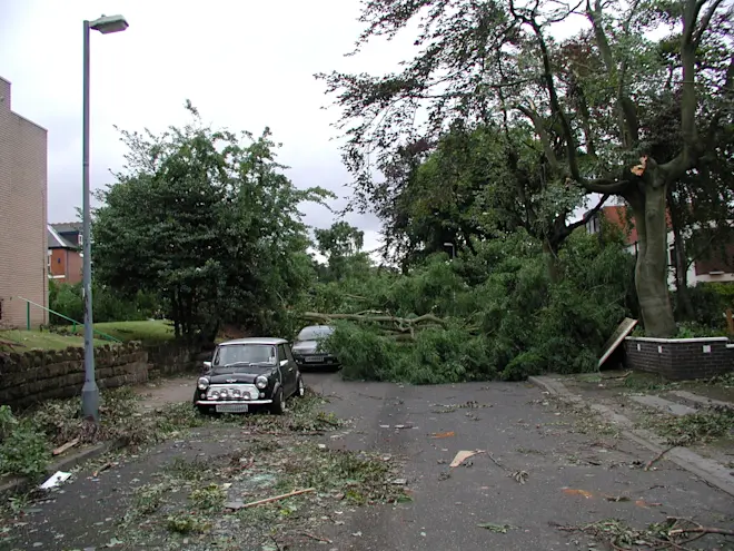 Eén van de straten in Birmingham, na passage van de tornado op 28 juli 2005 - Wikipedia