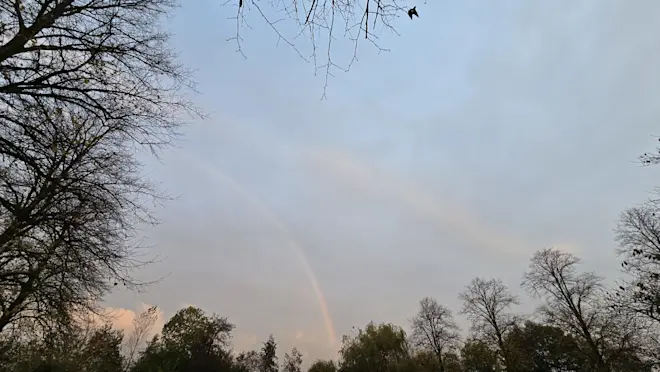 Bij Roodeschool was vanochtend in de lichte regen een regenboogje te zien - Jannes Wiersema
