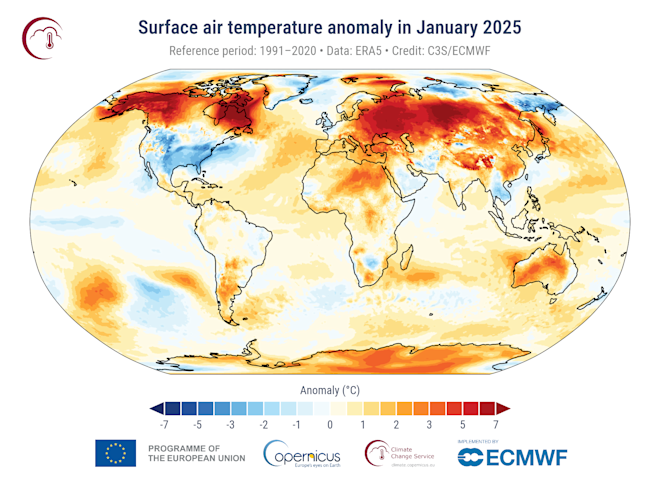 Het overzicht van de temperatuurafwijkingen in de voorbije januarimaand - Copernicus