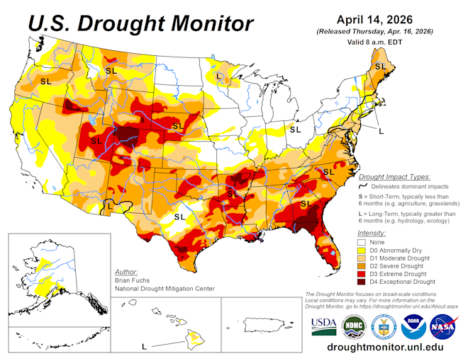 Het overgrote deel van de VS heeft nu met droogte te kampen - US drought monitor